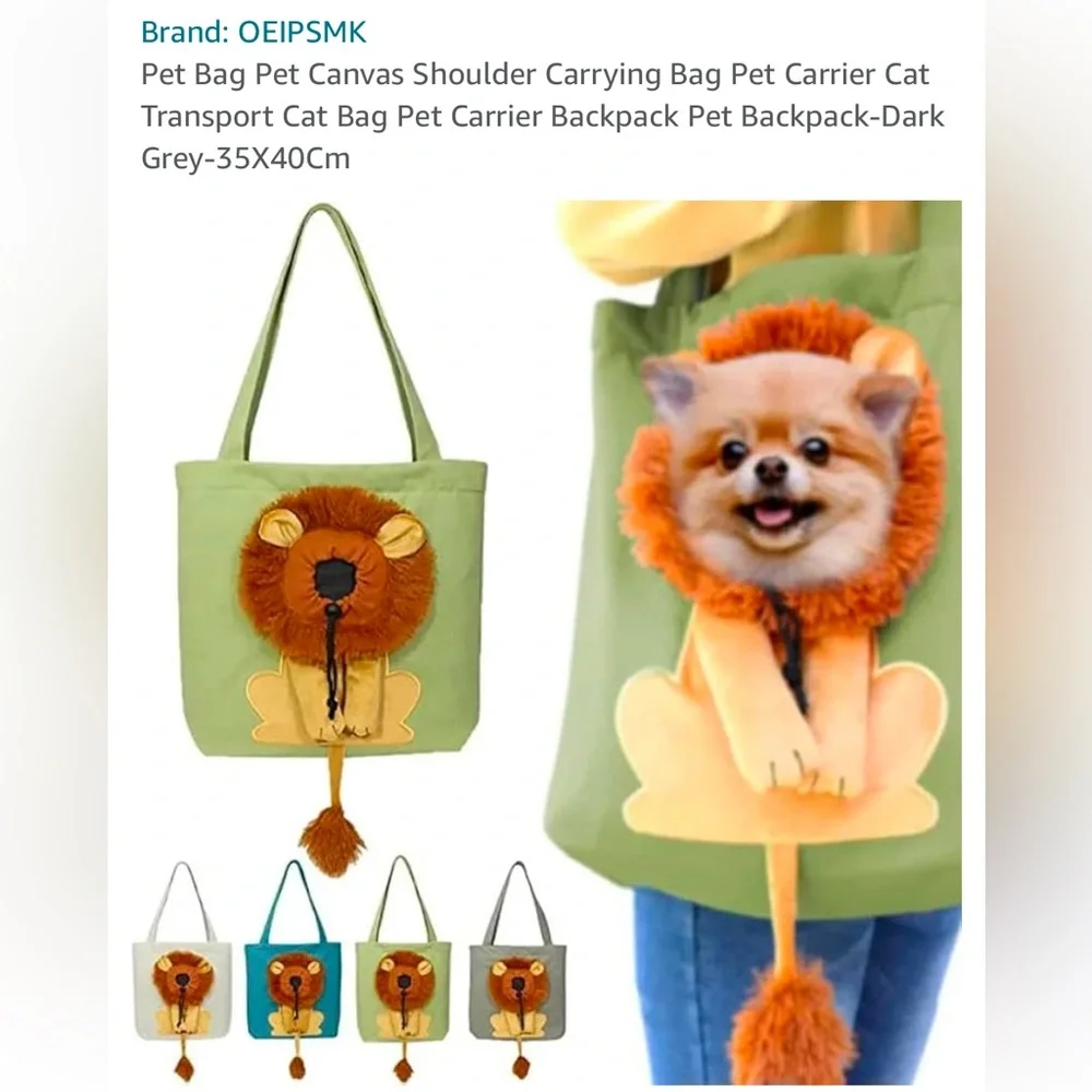 NEW Green Canvas Lions Head Small Pet Carrying Bag